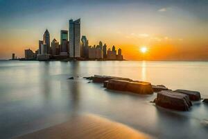 das Sonne setzt Über das Stadt Horizont im Dubai. KI-generiert foto