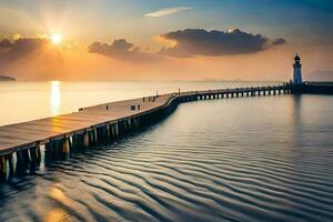 ein Seebrücke mit ein Leuchtturm beim Sonnenuntergang. KI-generiert foto