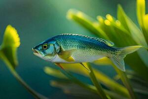 ein Fisch im das Wasser mit Grün Pflanzen. KI-generiert foto