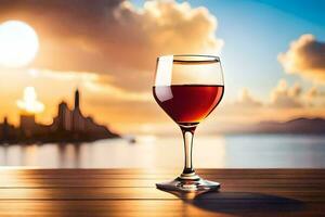 ein Glas von Wein auf ein Tabelle mit ein Sonnenuntergang im das Hintergrund. KI-generiert foto