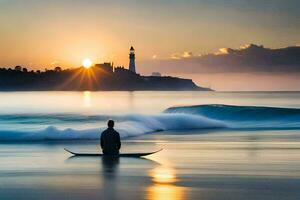 ein Mann Sitzung auf ein Surfbrett beim das Strand wie das Sonne setzt. KI-generiert foto