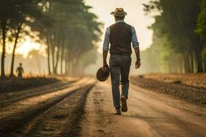 ein Mann Gehen Nieder ein Schmutz Straße mit ein Hut An. KI-generiert foto