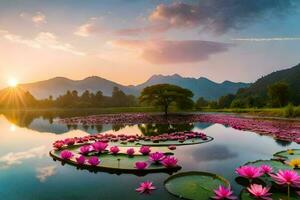 das schön Landschaft von das Lotus Teich. KI-generiert foto
