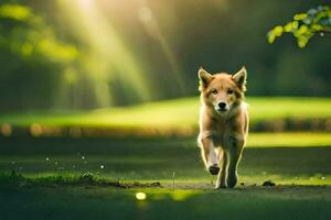 Foto Hintergrund das Sonne, Hund, das Wald, das Gras, das Hund, das Hund Betrieb. KI-generiert