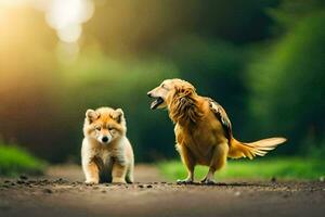 zwei Hunde Stehen auf ein Schmutz Straße. KI-generiert foto