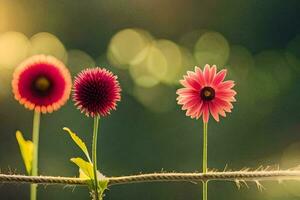 drei Rosa Blumen sind Stehen auf ein Kabel. KI-generiert foto