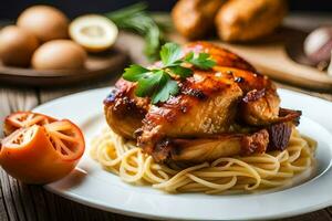 Hähnchen mit Pasta und Tomaten auf ein Platte. KI-generiert foto