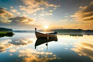 ein Boot ist schwebend auf das Ruhe Wasser beim Sonnenuntergang. KI-generiert foto