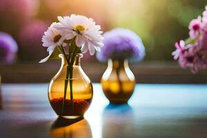 drei klein Vasen mit Blumen auf ein Tisch. KI-generiert foto