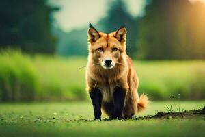 ein rot Fuchs Sitzung im das Gras. KI-generiert foto