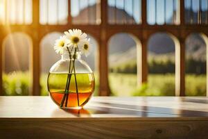 ein Vase mit Blumen auf ein Tabelle im Vorderseite von ein Fenster. KI-generiert foto