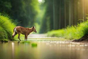 ein Hirsch ist Gehen entlang ein Fluss im das Wald. KI-generiert foto