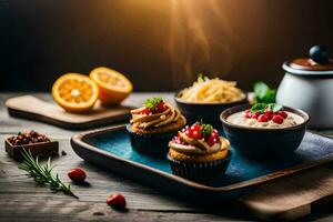 Cupcakes und andere Essen auf ein hölzern Tisch. KI-generiert foto