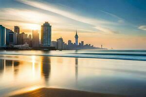 das Sonne setzt Über das Stadt Horizont im Auckland, Neu Neuseeland. KI-generiert foto