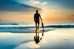 ein Mann Gehen auf das Strand beim Sonnenuntergang. KI-generiert foto