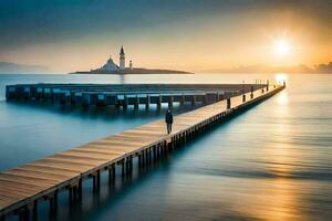 ein Mann Spaziergänge entlang ein Seebrücke beim Sonnenuntergang. KI-generiert foto