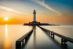 ein Leuchtturm steht auf ein Seebrücke beim Sonnenuntergang. KI-generiert foto