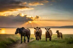 ein Herde von Kühe Gehen entlang ein Schmutz Straße beim Sonnenuntergang. KI-generiert foto