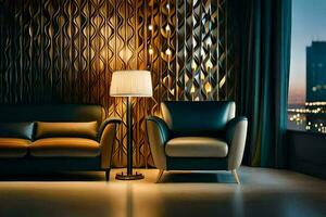 modern Leben Zimmer mit Leder Stühle und ein Lampe. KI-generiert foto