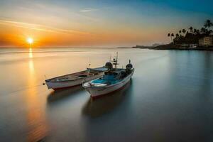 zwei Boote im das Ozean beim Sonnenuntergang. KI-generiert foto