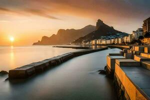 das Sonne steigt an Über das Ozean und das Berge im Rio de Janeiro, Brasilien. KI-generiert foto