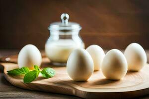 Eier auf ein Schneiden Tafel mit ein Krug von Milch. KI-generiert foto