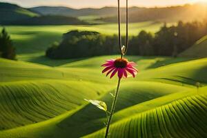 ein Rosa Blume ist hängend von ein Zeichenfolge im Vorderseite von ein Grün Feld. KI-generiert foto