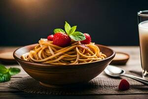 ein Schüssel von Pasta mit Erdbeeren und Minze Blätter. KI-generiert foto