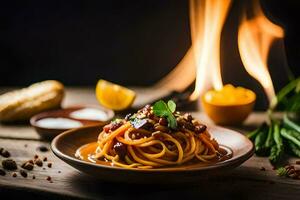 Spaghetti mit Fleisch und Gemüse im ein Schüssel. KI-generiert foto