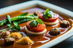 ein Teller von Essen mit Fleisch, Gemüse und Käse. KI-generiert foto