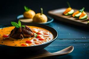 ein Schüssel von Suppe mit Fleisch und Gemüse. KI-generiert foto