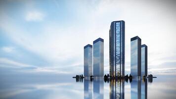 hoch Gebäude Center mit Blau Himmel Reflexion, 3d Rendern mit leeren Raum. foto