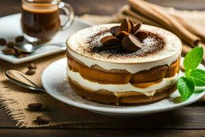 Tiramisu Kuchen mit Kaffee und Schokolade. KI-generiert foto