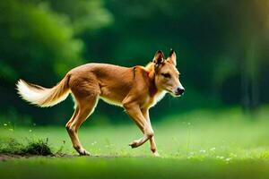ein Hund Laufen über ein Grün Feld. KI-generiert foto