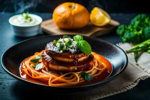 ein Teller von Essen mit Pasta und Gemüse. KI-generiert foto