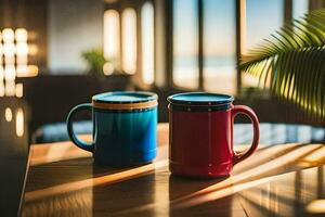 zwei Kaffee Tassen auf ein Tisch. KI-generiert foto