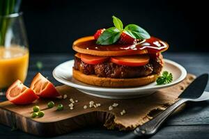 ein Hamburger mit Tomate, Grüner Salat und Tomate Soße. KI-generiert foto