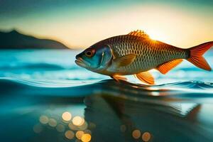 ein Fisch ist Schwimmen im das Ozean beim Sonnenuntergang. KI-generiert foto