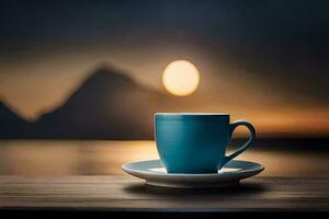 Kaffee Tasse auf ein Tabelle mit Berge im das Hintergrund. KI-generiert foto