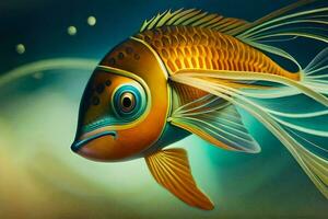 ein Fisch mit lange Haar und ein groß Blau Auge. KI-generiert foto