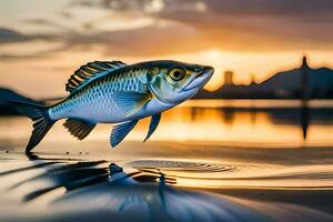 ein Fisch ist Springen aus von das Wasser beim Sonnenuntergang. KI-generiert foto