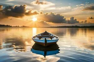 ein Boot auf das Wasser beim Sonnenuntergang. KI-generiert foto