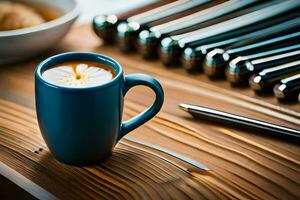 ein Blau Tasse von Kaffee sitzt auf ein Tabelle mit ein Löffel und Gabel. KI-generiert foto