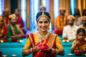 ein Frau im traditionell indisch Kleidung halten ein Kerze. KI-generiert foto