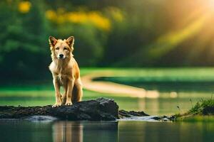 ein Hund Stehen auf ein Felsen im Vorderseite von ein See. KI-generiert foto