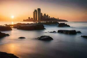 das Sonne setzt Über das Stadt Horizont im Dubai. KI-generiert foto