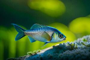 ein Fisch ist Stehen auf ein Felsen im das Wasser. KI-generiert foto