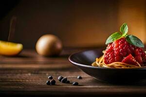 ein Schüssel von Spaghetti mit Erdbeeren und Basilikum. KI-generiert foto