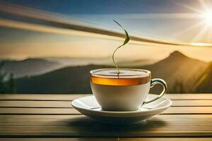 ein Tasse von Tee auf ein hölzern Tabelle mit ein Berg im das Hintergrund. KI-generiert foto