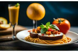 ein Teller von Spaghetti mit Fleisch und Gemüse. KI-generiert foto